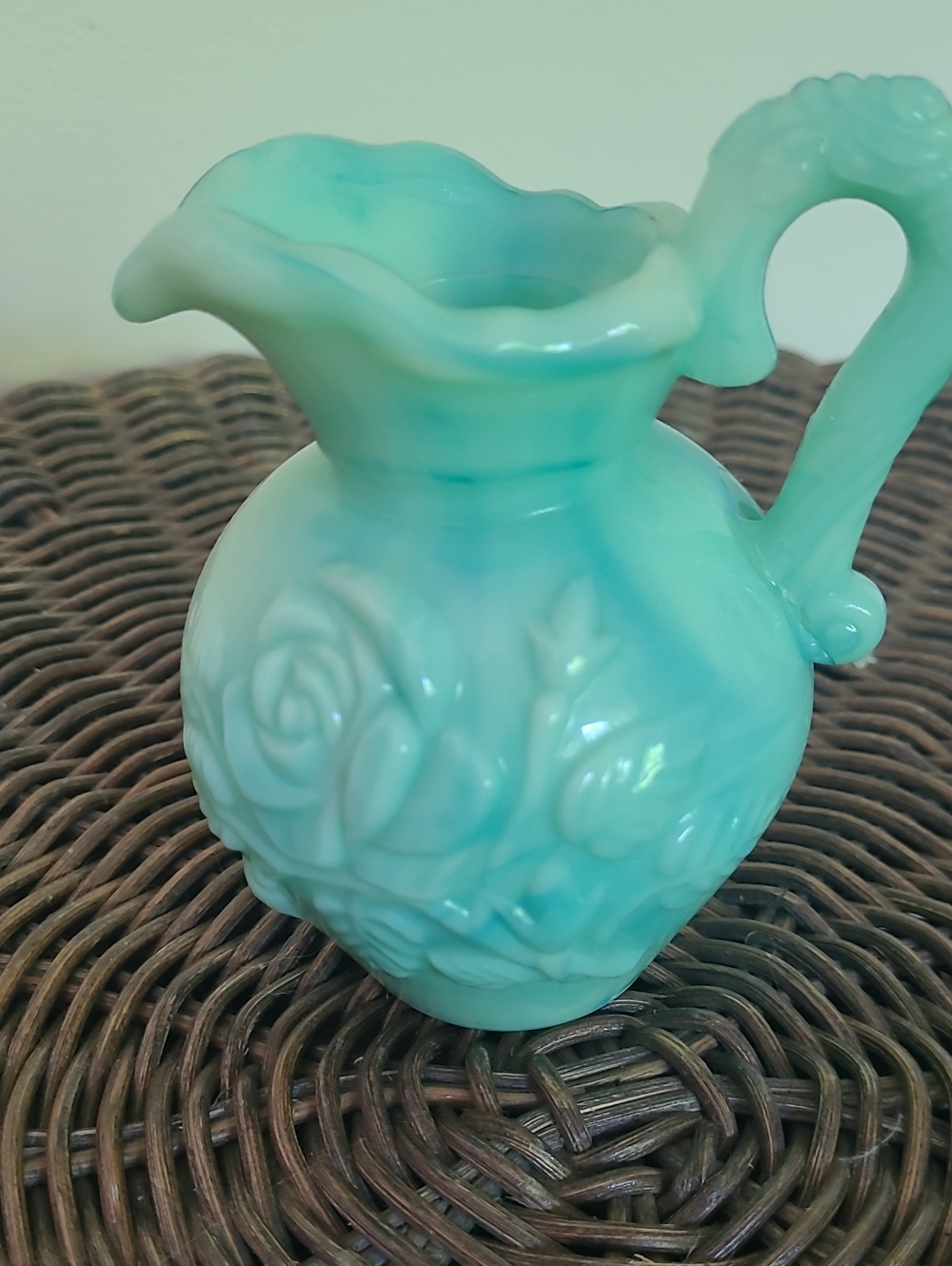A vintage 1970s Avon green or teal swirl milk glass pitcher, Jadeite Collection